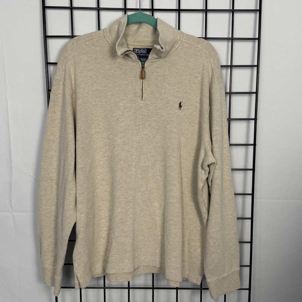 Polo‎ by Ralph Lauren Estate Rib 1/4 Zip Sweater Mens XL Oatmeal Knit Pullover